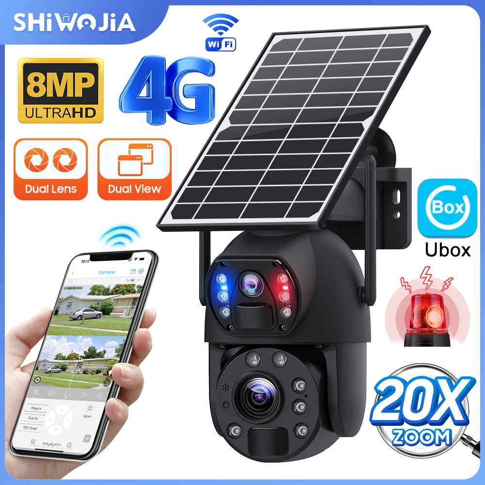 SHIWOJIA 4G/WIFI Solar Camera 4K 8MP 20X Zoom Dual Lens Recording Humanoid Tracking Outdoor Camera Metal Waterproof CCTV 12000mA
SHIWOJIA 4G/WIFI Solar Camera 4K 8MP 20X Zoom Dual Lens Recording Humanoid Tracking Outdoor Camera Metal Waterproof CCTV 12000mA