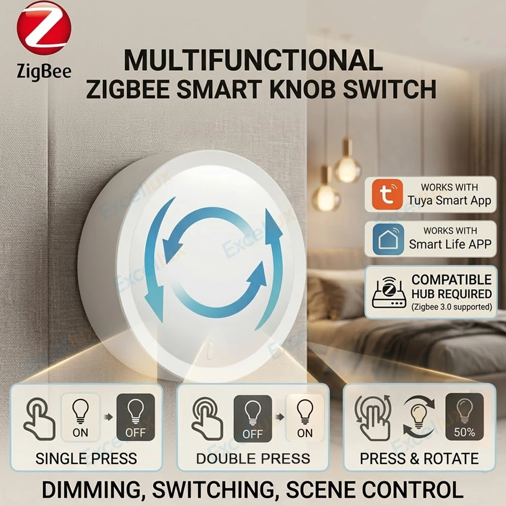 Tuya ZigBee Smart Knob Switch Wireless Rotatable Dimmer Scene Button Controller for Smart Home Automation Linkage Need Gateway
Tuya ZigBee Smart Knob Switch Wireless Rotatable Dimmer Scene Button Controller for Smart Home Automation Linkage Need Gateway