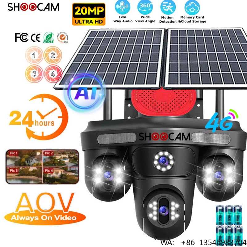 ShooCam 8K Outdoor AI Four-Lens Four-Screen 4G Sim Card AOV CCTV Solar Panel PTZ Network Surveillance Camera
ShooCam 8K Outdoor AI Four-Lens Four-Screen 4G Sim Card AOV CCTV Solar Panel PTZ Network Surveillance Camera
