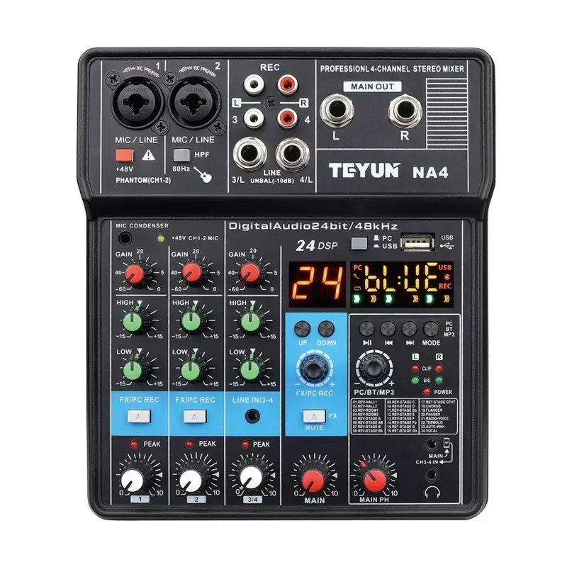 Top! NA4 4 Channel Bluetooth Mini Audio Mixer Sound Card DJ 16 Digital Effects Noise Reduction Console USB Record For Singing
Top! NA4 4 Channel Bluetooth Mini Audio Mixer Sound Card DJ 16 Digital Effects Noise Reduction Console USB Record For Singing