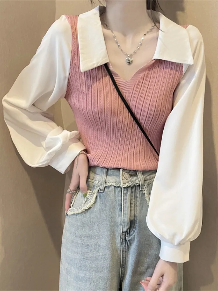 Весенне-осенний вязаный топ с V-образным вырезом, уникальным дизайном, отложным воротником, рукавами-фонариками и эффектом двухслойности, женский, с длинными рукавами
Весенне-осенний вязаный топ с V-образным вырезом, уникальным дизайном, отложным воротником, рукавами-фонариками и эффектом двухслойности, женский, с длинными рукавами