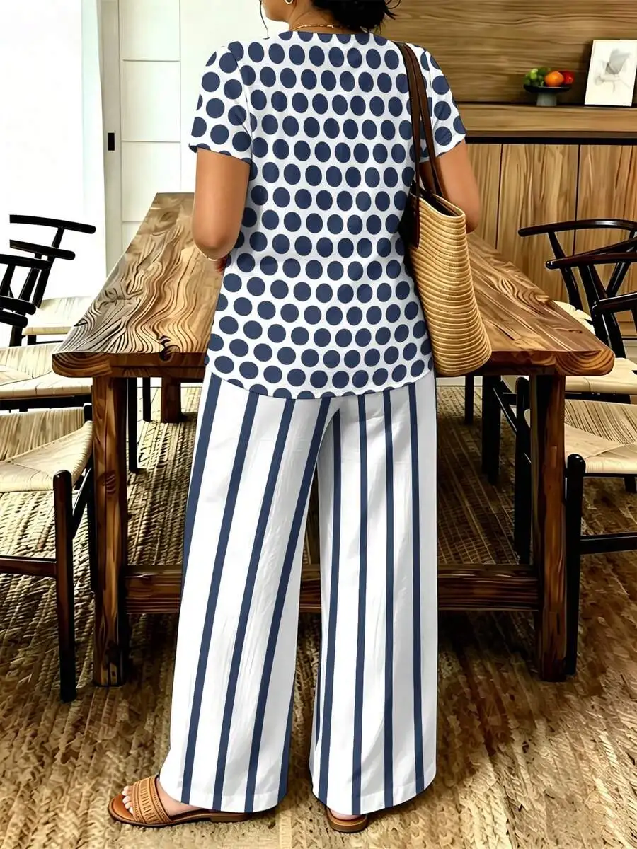 Womens Polka Dot Top And Striped Wide-Leg Pants Set, Short Sleeve V-Neck Loose Fit Two-Piece Outfit
Womens Polka Dot Top And Striped Wide-Leg Pants Set, Short Sleeve V-Neck Loose Fit Two-Piece Outfit