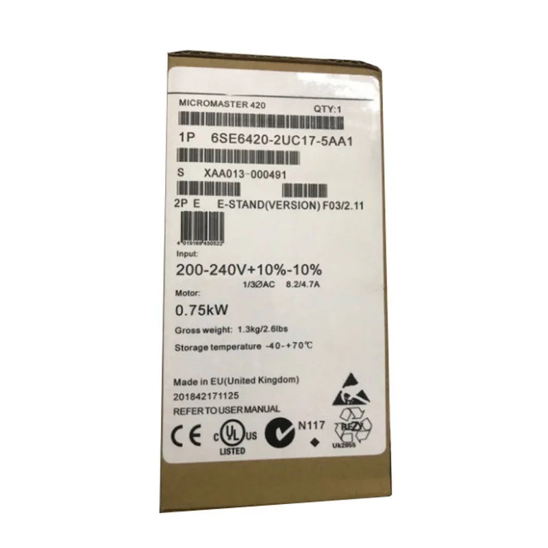 Новый оригинальный инвертор 6SE6420-2UC17-5AA1 0,75 кВт без фильтра 6SE64202UC175AA1
Новый оригинальный инвертор 6SE6420-2UC17-5AA1 0,75 кВт без фильтра 6SE64202UC175AA1