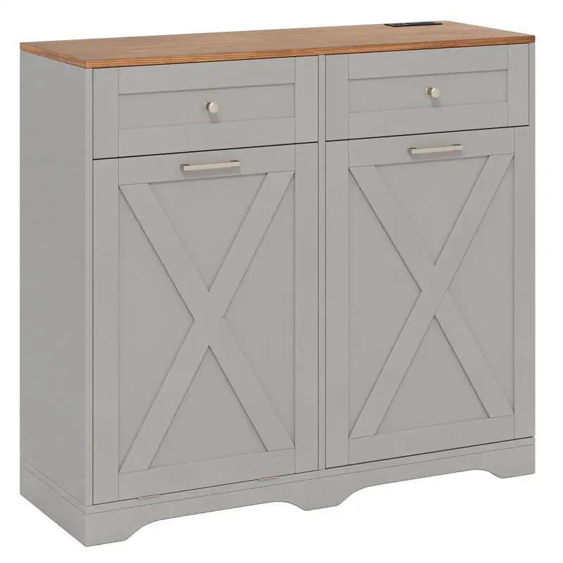 Tilt Out Trash Can Cabinet with Outlets and Adjustable Shelf-Gray
Tilt Out Trash Can Cabinet with Outlets and Adjustable Shelf-Gray