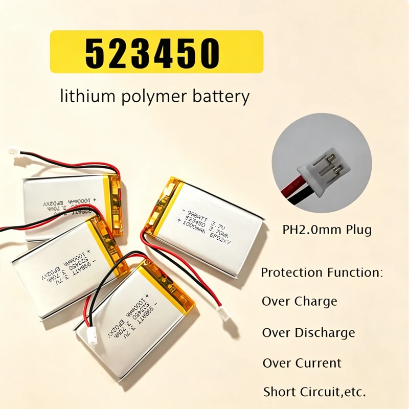 523450 Battery 3.7v 1000mAh Lithium Polymer Battery Rechargeable for LED Light MP3/4 Toys Bluetooth Headphones Beauty Instrument
523450 Battery 3.7v 1000mAh Lithium Polymer Battery Rechargeable for LED Light MP3/4 Toys Bluetooth Headphones Beauty Instrument