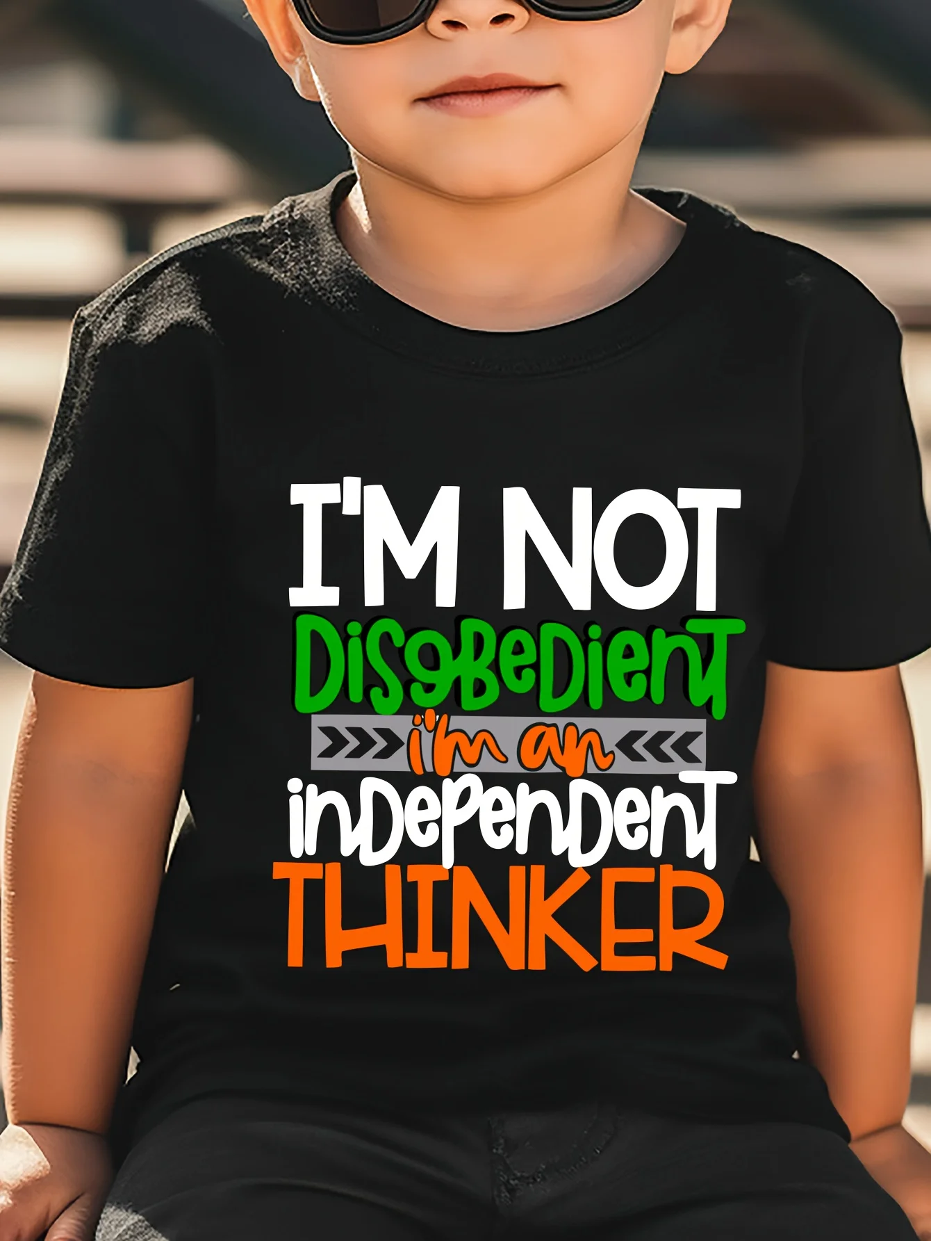 Boys' black cotton T-shirt "I am not disobedient, I am an independent thinker" colorful letter printing comfortable and casual
Boys' black cotton T-shirt "I am not disobedient, I am an independent thinker" colorful letter printing comfortable and casual
