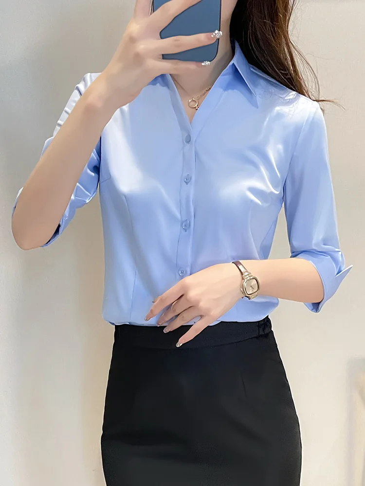 Blue V-Neck Shirt Women's Professional Workwear Summer New Style Career Formal Interview Suit Seven-Quarter Sleeve Blouse
Blue V-Neck Shirt Women's Professional Workwear Summer New Style Career Formal Interview Suit Seven-Quarter Sleeve Blouse