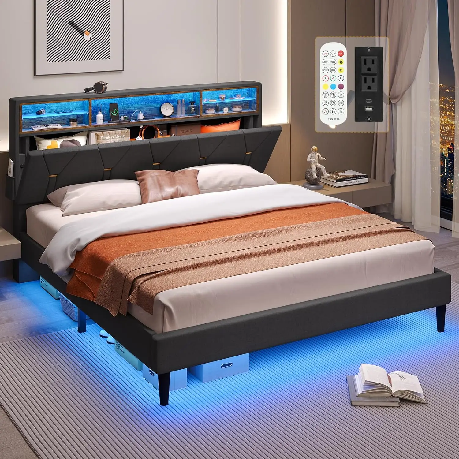 LED Full Bed Frame with Charging Station, Full Size Bed Frame with Storage Headboard, Modern Upholstered Platform Bed
LED Full Bed Frame with Charging Station, Full Size Bed Frame with Storage Headboard, Modern Upholstered Platform Bed