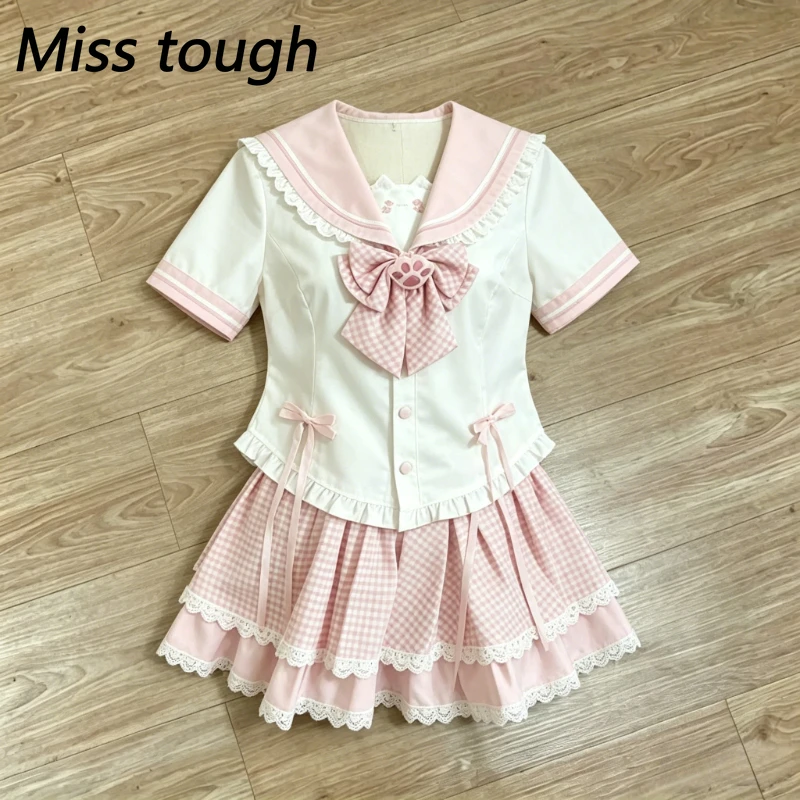 Preppy Kawaii Sailor Collar Short Sleeve New 2 Piece Sets Women Plaid Cat Bow Pleated Skirt Suits JK Style Daily Casual Japanese
Preppy Kawaii Sailor Collar Short Sleeve New 2 Piece Sets Women Plaid Cat Bow Pleated Skirt Suits JK Style Daily Casual Japanese