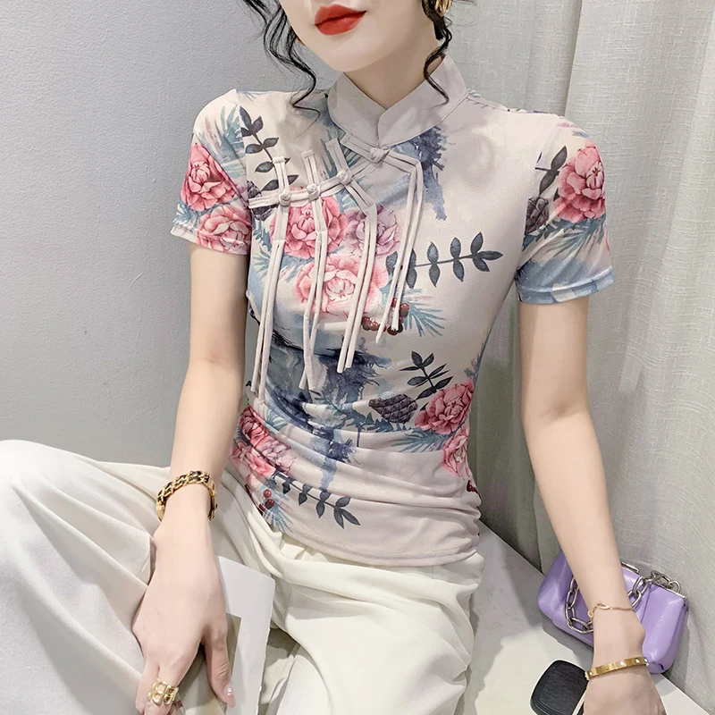 Summer New Button Standing Neck Printed Short Sleeve T-shirt with Ink Painting Versatile Women's Top Vintage Tee
Summer New Button Standing Neck Printed Short Sleeve T-shirt with Ink Painting Versatile Women's Top Vintage Tee