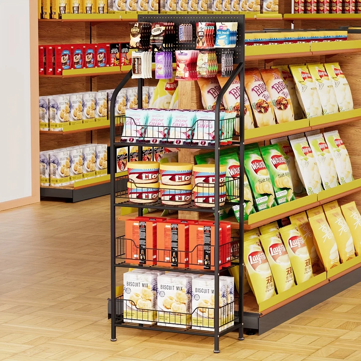 4-layer display rack can support metal wire snacks,candy display and storage with hooks,supermarket multi-layer display rack
4-layer display rack can support metal wire snacks,candy display and storage with hooks,supermarket multi-layer display rack