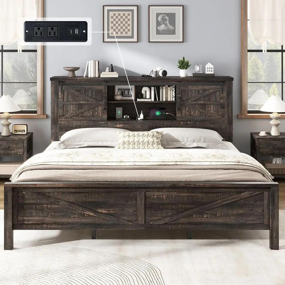 Farmhouse King Bed Frame with Storage Headboard amp Charging Station, Rustic Wood Platform Bed with Barn Door Bookcase, No Box
Farmhouse King Bed Frame with Storage Headboard amp Charging Station, Rustic Wood Platform Bed with Barn Door Bookcase, No Box