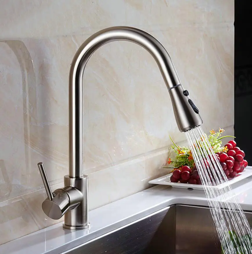 Pull-out kitchen faucet with hot and cold water, swivel spout, nickel brushed finish for sink and vegetable washing basin
Pull-out kitchen faucet with hot and cold water, swivel spout, nickel brushed finish for sink and vegetable washing basin