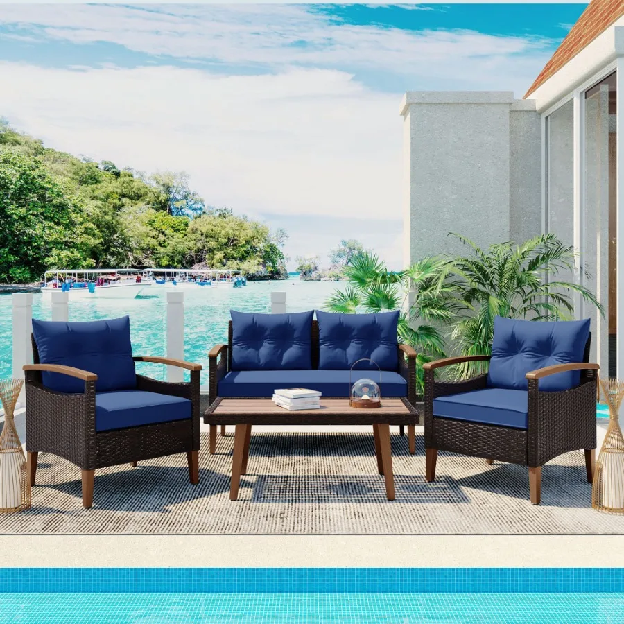 GO 4Piece Garden Furniture Patio Seating Set PE Rattan Outdoor Sofa Set Wood Table and Legs Brown and Blue
GO 4Piece Garden Furniture Patio Seating Set PE Rattan Outdoor Sofa Set Wood Table and Legs Brown and Blue
