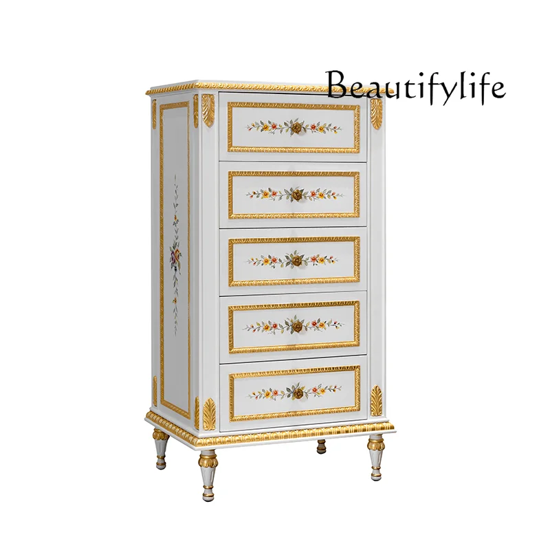 French luxury solid wood gold foil white romantic decorative cabinet living room storage chest of drawers
French luxury solid wood gold foil white romantic decorative cabinet living room storage chest of drawers