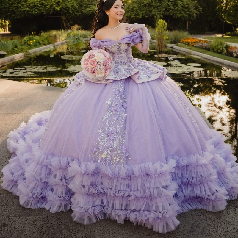 Lavender Shiny Quinceanera Dresses Off The Shoulder Applique Flower Beading Crystal Tiered Tull Party Birthday Sweet 16 Dress
Lavender Shiny Quinceanera Dresses Off The Shoulder Applique Flower Beading Crystal Tiered Tull Party Birthday Sweet 16 Dress