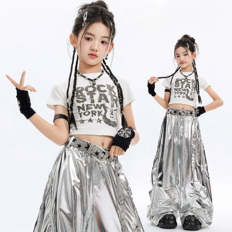 Girls Hip Hop Dance Costumes Short Sleeve Tops Silver Pants Outfit Modern Jazz Dance Performance Clothes Sets Group Street Wear
Girls Hip Hop Dance Costumes Short Sleeve Tops Silver Pants Outfit Modern Jazz Dance Performance Clothes Sets Group Street Wear