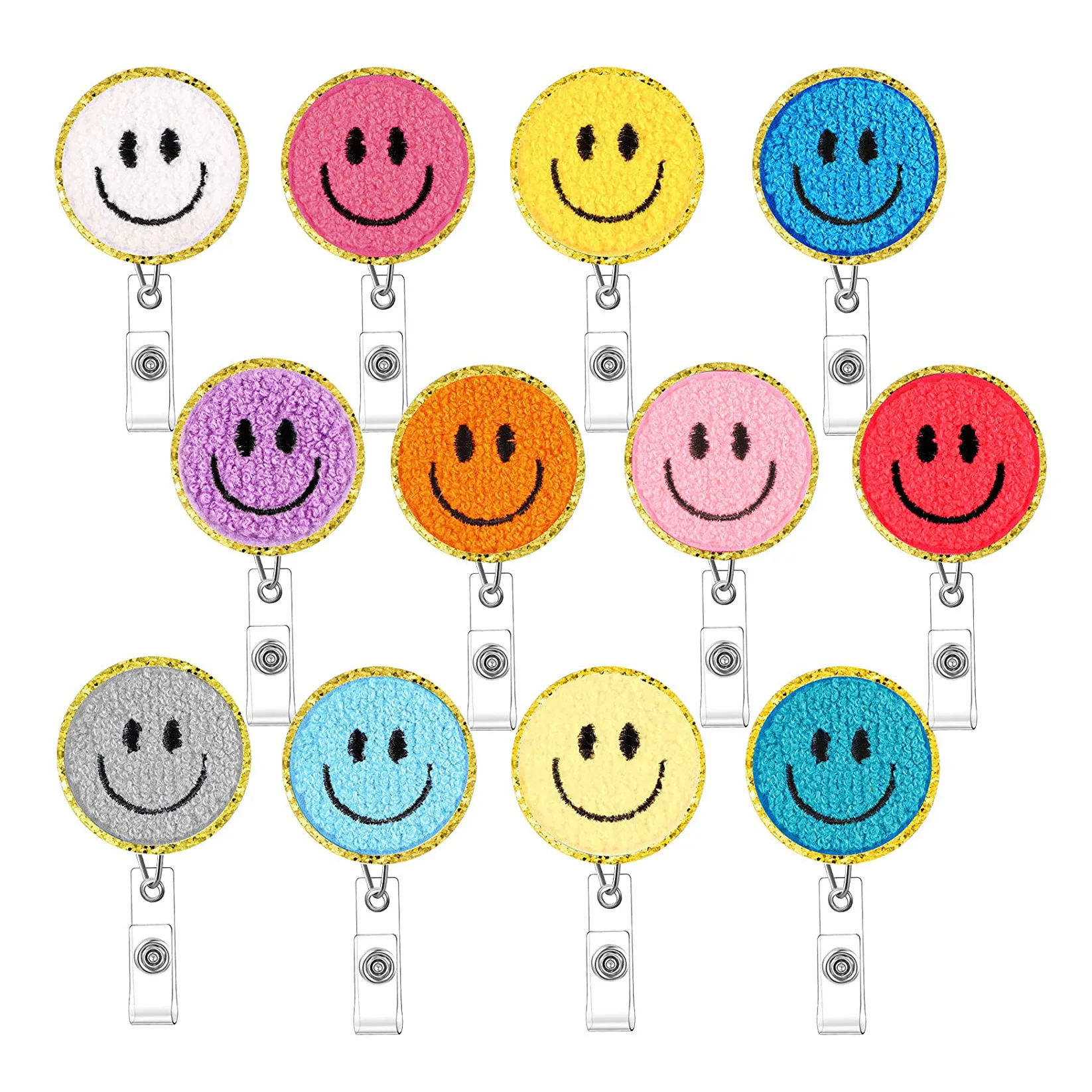 10-цветная катушка для бейджа с вышивкой улыбки на лице, выдвижной держатель для бейджа с вращающимся на 360° зажимом типа «крокодил», держатель для имени 
10-цветная катушка для бейджа с вышивкой улыбки на лице, выдвижной держатель для бейджа с вращающимся на 360° зажимом типа «крокодил», держатель для имени