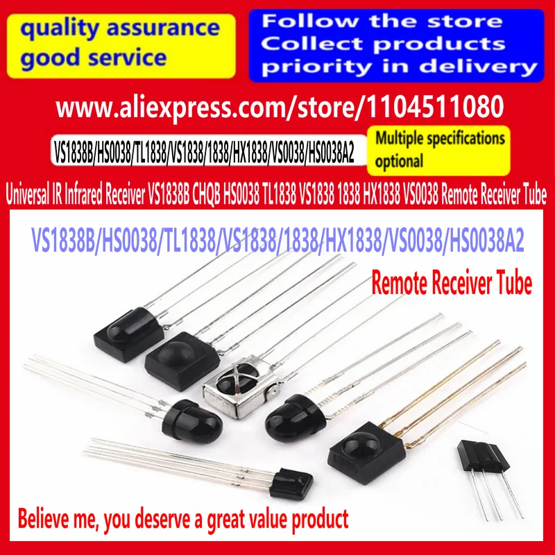 10PCS/5PCS Universal IR Infrared Receiver VS1838B CHQB HS0038 TL1838 VS1838 1838 HX1838 VS0038 Remote Receiver Tube
10PCS/5PCS Universal IR Infrared Receiver VS1838B CHQB HS0038 TL1838 VS1838 1838 HX1838 VS0038 Remote Receiver Tube