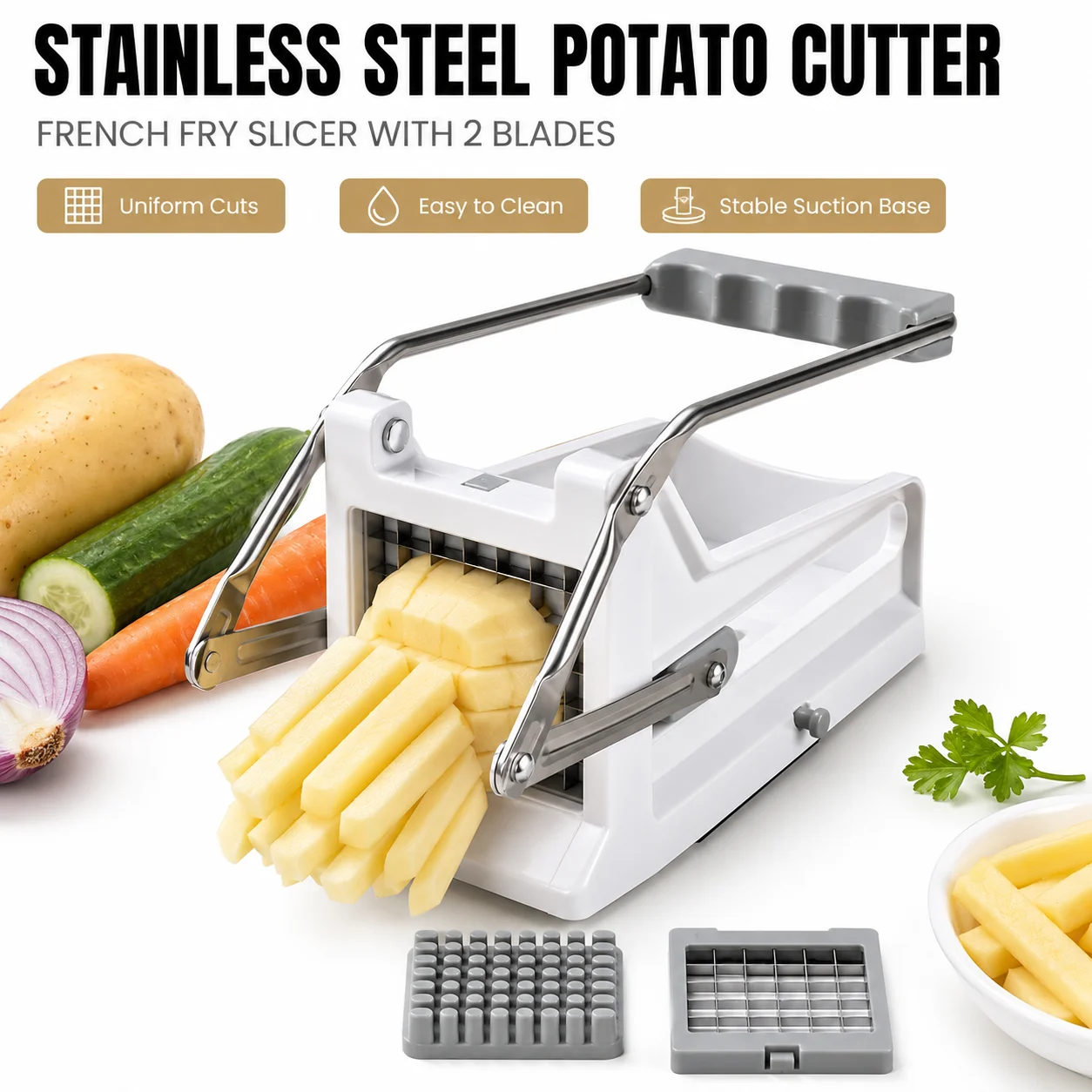 French Fry Cutter Stainless Steel Potato Slicer Vegetable Chopper With 2 Blades Manual Potato Chipper Kitchen Gadget
French Fry Cutter Stainless Steel Potato Slicer Vegetable Chopper With 2 Blades Manual Potato Chipper Kitchen Gadget