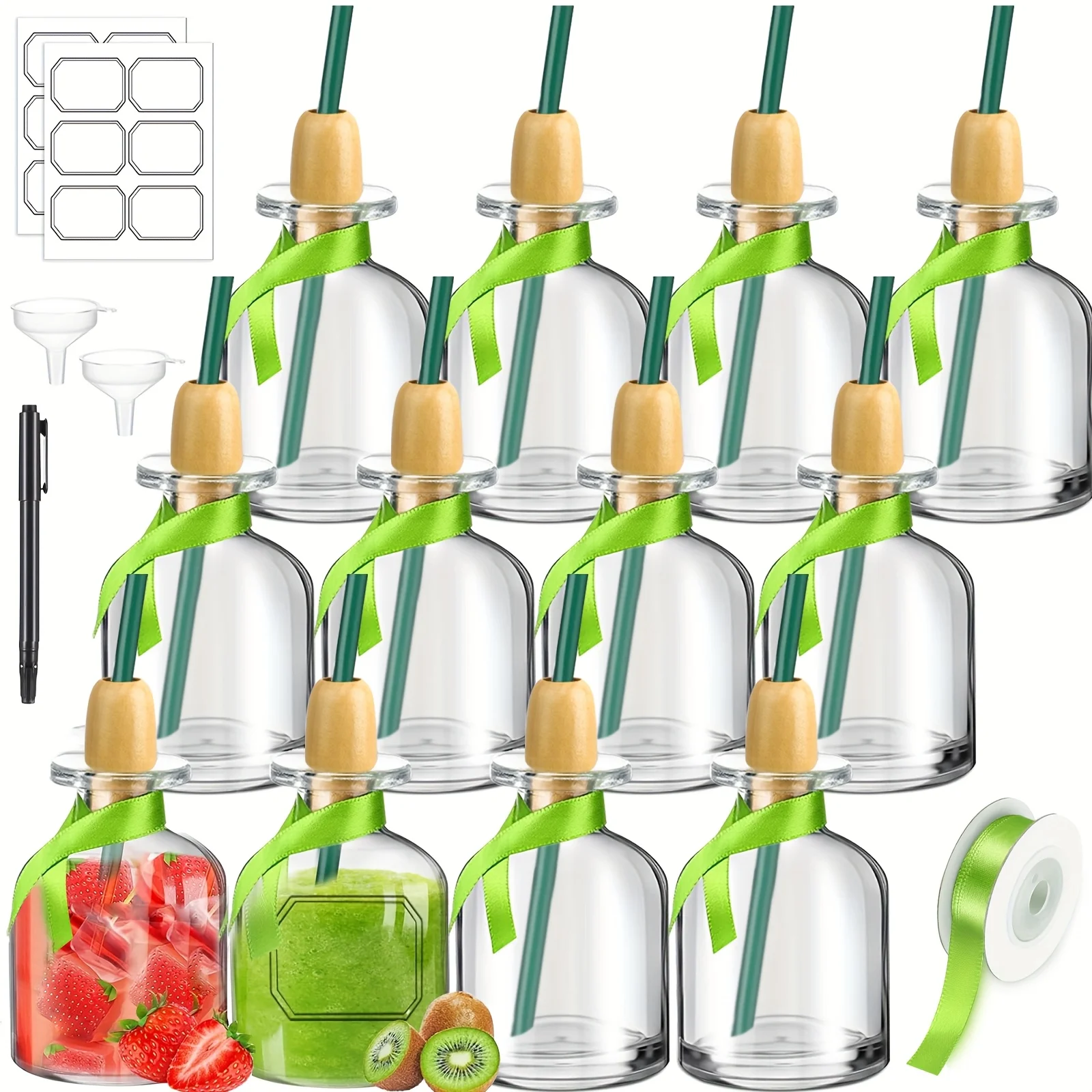 12-Piece Mini Glass Bottles Set – 3.38 oz Capacity, Natural Cork Stopper + Reusable Straw, Festive Green Ribbon Accent – Ideal for Party Favors, Holiday Decor, Wedding Keepsakes, or Drink Serving (Non-Alcoholic Use Friendly)
12-Piece Mini Glass Bottles Set – 3.38 oz Capacity, Natural Cork Stopper + Reusable Straw, Festive Green Ribbon Accent – Ideal for Party Favors, Holiday Decor, Wedding Keepsakes, or Drink Serving (Non-Alcoholic Use Friendly)