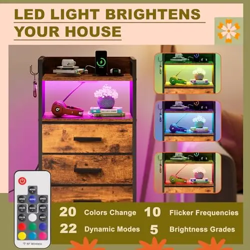 Rustic Brown 5-Drawer Tall Nightstand With LED Lighting, USB Charging Port, Open Shelf, Hooks, And Fabric-Lined Drawers
Rustic Brown 5-Drawer Tall Nightstand With LED Lighting, USB Charging Port, Open Shelf, Hooks, And Fabric-Lined Drawers