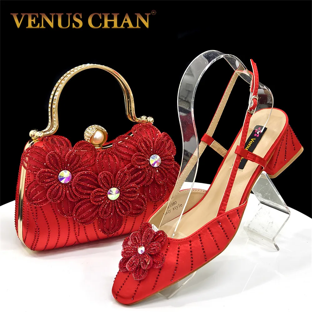 Elegant Italian Women's Red Heels Set - Pointed-Toe Shoes with Rhinestones and Floral Embellishments, Complete with Matching Bag
Elegant Italian Women's Red Heels Set - Pointed-Toe Shoes with Rhinestones and Floral Embellishments, Complete with Matching Bag