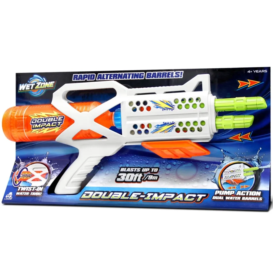 : Water Blaster - Double Impact - White and Orange Pump Action Dual Water Barrels Toy Sprays Water Up To 30ft 25.4oz Tank Outdo
: Water Blaster - Double Impact - White and Orange Pump Action Dual Water Barrels Toy Sprays Water Up To 30ft 25.4oz Tank Outdo