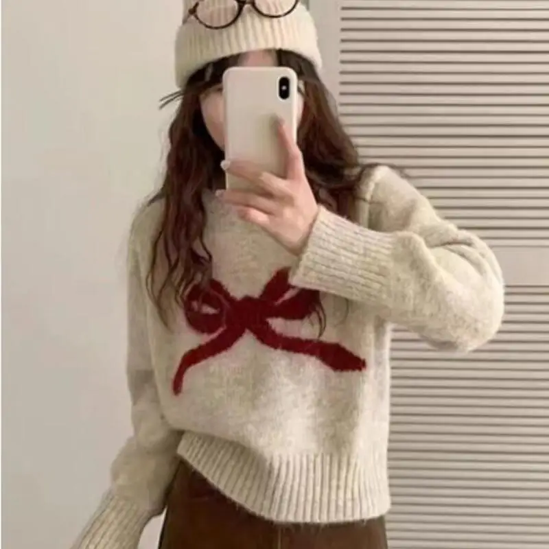 Милый кашемировый пуловер с круглым вырезом и бантом для женщин осенью, свободный короткий вязаный свитер с внутренней подкладкой, новый стиль
Милый кашемировый пуловер с круглым вырезом и бантом для женщин осенью, свободный короткий вязаный свитер с внутренней подкладкой, новый стиль