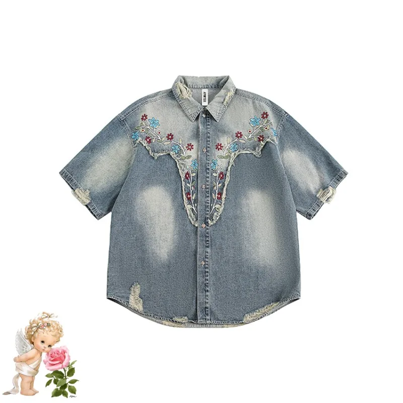 Embroidery Patch Colorful Floral Denim Short Shirts Hip Hop Blue Hole Damaged Clothes Men Women Summer Casual V-shape Blouse
Embroidery Patch Colorful Floral Denim Short Shirts Hip Hop Blue Hole Damaged Clothes Men Women Summer Casual V-shape Blouse