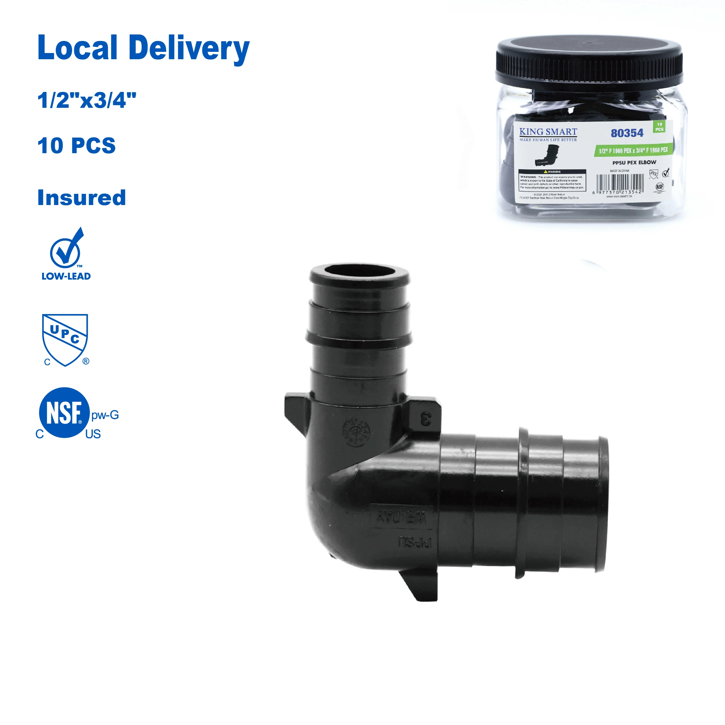 KING SMART F1960/Wisbo/PEX A Expansion PEX 1/2" * 3/4" PEX Reducing Elbow; 10Pcs/Case; PPSU; 80354
KING SMART F1960/Wisbo/PEX A Expansion PEX 1/2" * 3/4" PEX Reducing Elbow; 10Pcs/Case; PPSU; 80354