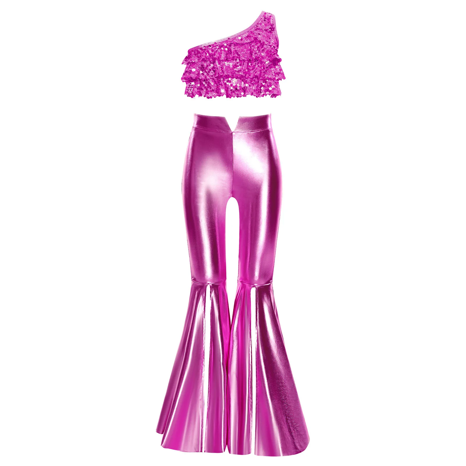 2 Pieces Jazz Disco Party Dance Costume for Kids Girls One Shoulder Shiny Sequins Crop Top with Split Bell Bottom Metallic Pants
2 Pieces Jazz Disco Party Dance Costume for Kids Girls One Shoulder Shiny Sequins Crop Top with Split Bell Bottom Metallic Pants