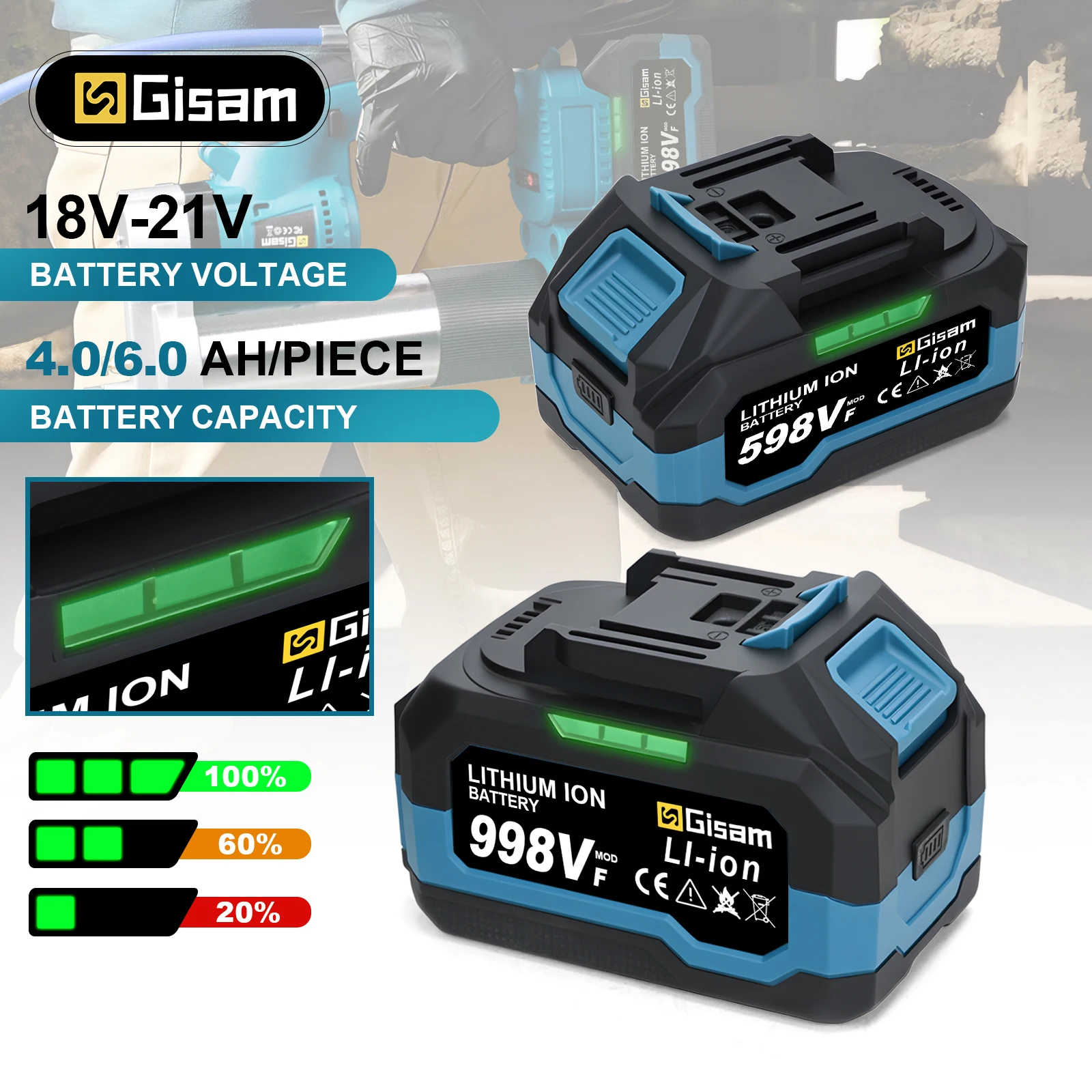 Gisam 4.0AH 6.0AH Rechargeable Lithium-Ion Battery for Cordless Dirll/Brushless Wrench/Screwdriver for Makita 18V Battery pins
Gisam 4.0AH 6.0AH Rechargeable Lithium-Ion Battery for Cordless Dirll/Brushless Wrench/Screwdriver for Makita 18V Battery pins