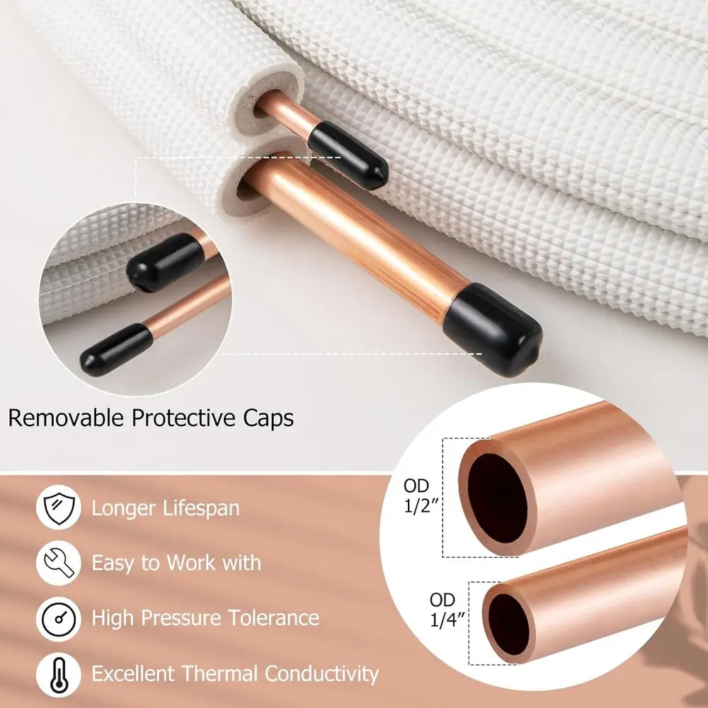 25ft Mini Split Line Set with 1/4 & 1/2 Copper Pipes and 3-Layer Insulation for Air Conditioner or Heat Pump Systems
25ft Mini Split Line Set with 1/4 & 1/2 Copper Pipes and 3-Layer Insulation for Air Conditioner or Heat Pump Systems