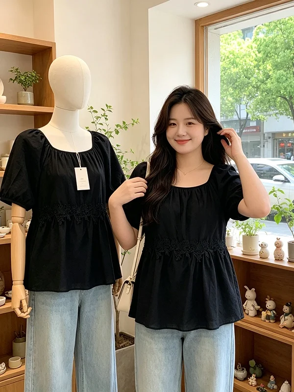 plus Size Women's Fashionable Ruffle Trim Color Square Collar Loose Slimming Short Sleeve Top Korean Style Commute Wind
plus Size Women's Fashionable Ruffle Trim Color Square Collar Loose Slimming Short Sleeve Top Korean Style Commute Wind