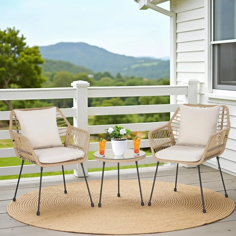 3 Piece Patio Bistro Set, Outdoor Wicker Apartment Balcony Furniture Set with 2 Rattan Chairs and Glass Top Table, Patio Rattan
3 Piece Patio Bistro Set, Outdoor Wicker Apartment Balcony Furniture Set with 2 Rattan Chairs and Glass Top Table, Patio Rattan