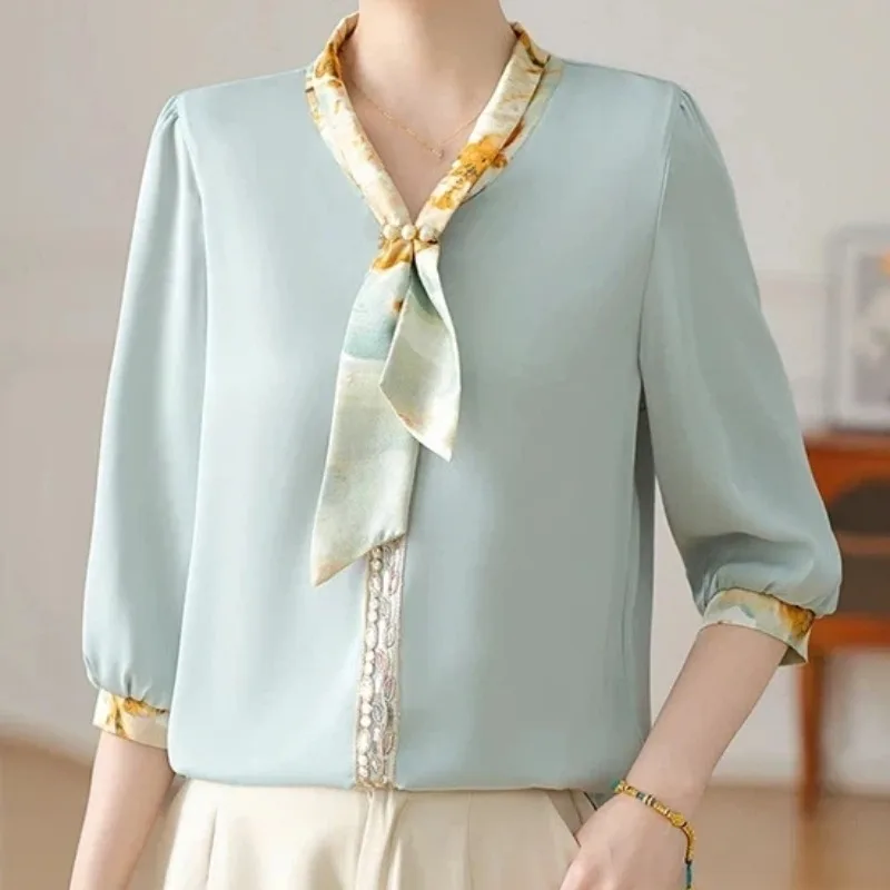 Women Elegant Chiffon Blouse With Scarf V Neck 3/4 Sleeve Spring Summer Office Casual Top For Middle Aged Mothers
Women Elegant Chiffon Blouse With Scarf V Neck 3/4 Sleeve Spring Summer Office Casual Top For Middle Aged Mothers
