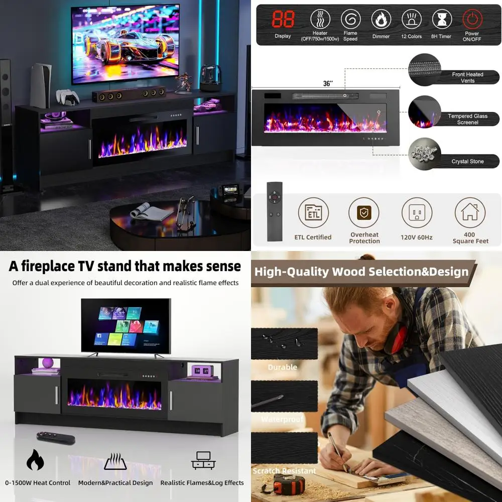 70 TV Stand with 36 Electric Fireplace, LED Light Entertainment Center for TVs up to 80, Black Modern Wood
70 TV Stand with 36 Electric Fireplace, LED Light Entertainment Center for TVs up to 80, Black Modern Wood