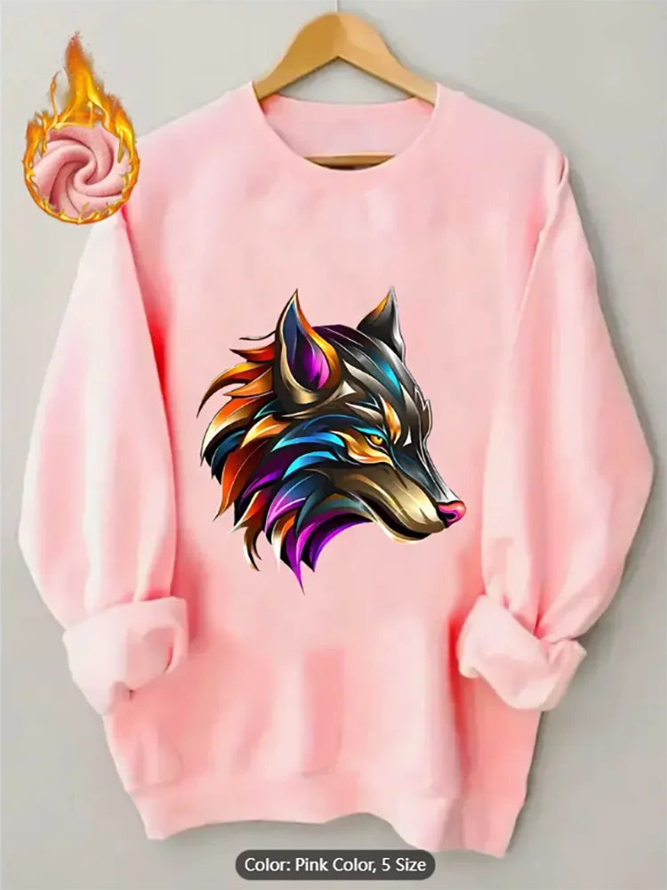 Женский серый свитшот с красочным графическим принтом волка на флисовой подкладке, повседневный пуловер большого размера, топ для любителей животных, чистый хлопок 
Женский серый свитшот с красочным графическим принтом волка на флисовой подкладке, повседневный пуловер большого размера, топ для любителей животных, чистый хлопок