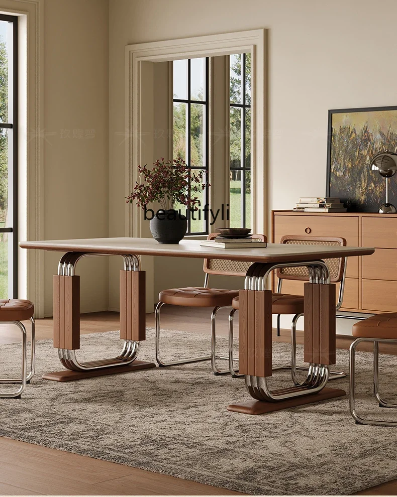 Travertine rock slab dining table rectangular Nordic designer medieval style living room retro solid wood dining table
Travertine rock slab dining table rectangular Nordic designer medieval style living room retro solid wood dining table