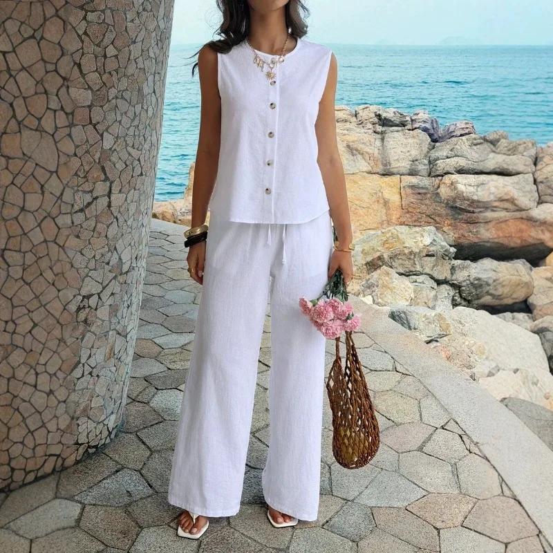 Women's Linen Blend 2 Piece Set Sleeveless Button Down Vest and Wide Leg Pants Casual Vacation Outfit
Women's Linen Blend 2 Piece Set Sleeveless Button Down Vest and Wide Leg Pants Casual Vacation Outfit