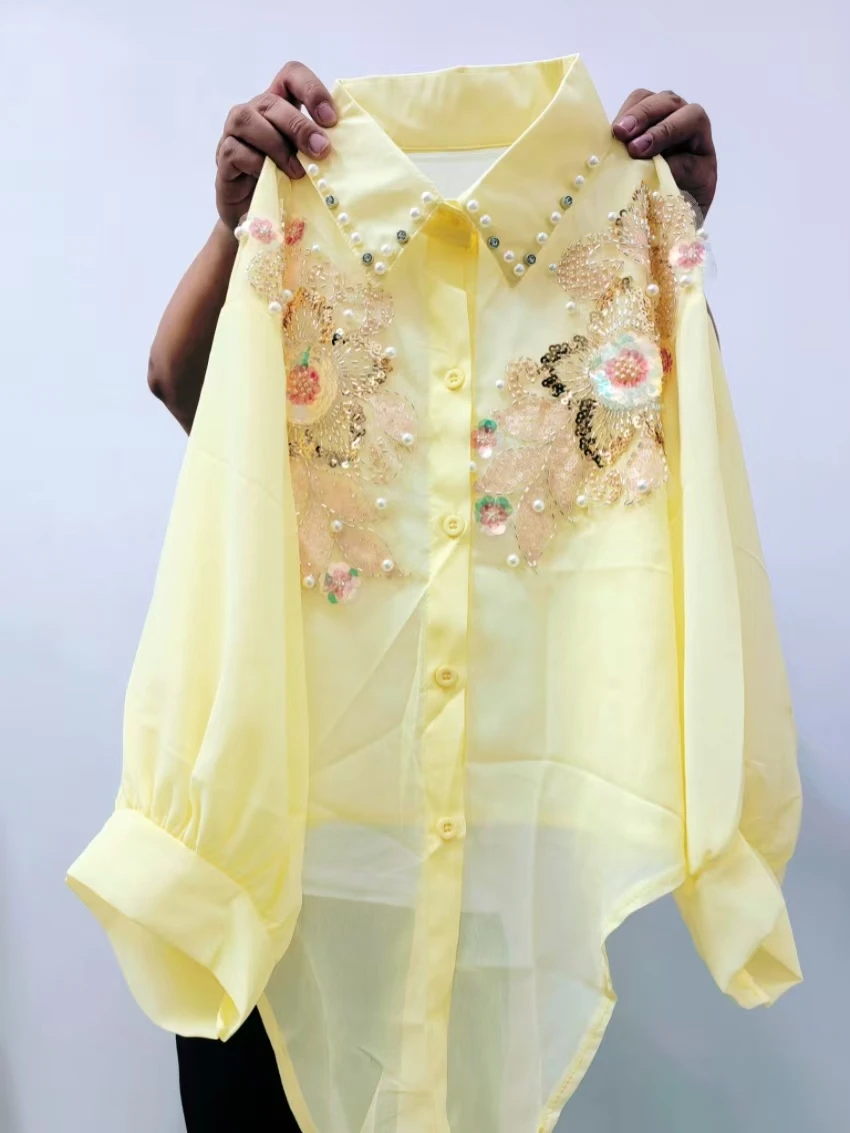 Sequin Crop Top Shirt for Women Half Sleeve Bead Pearl Blouse Summer Breathable Chiffon Cardigan Top Fashion Woman Clothes
Sequin Crop Top Shirt for Women Half Sleeve Bead Pearl Blouse Summer Breathable Chiffon Cardigan Top Fashion Woman Clothes