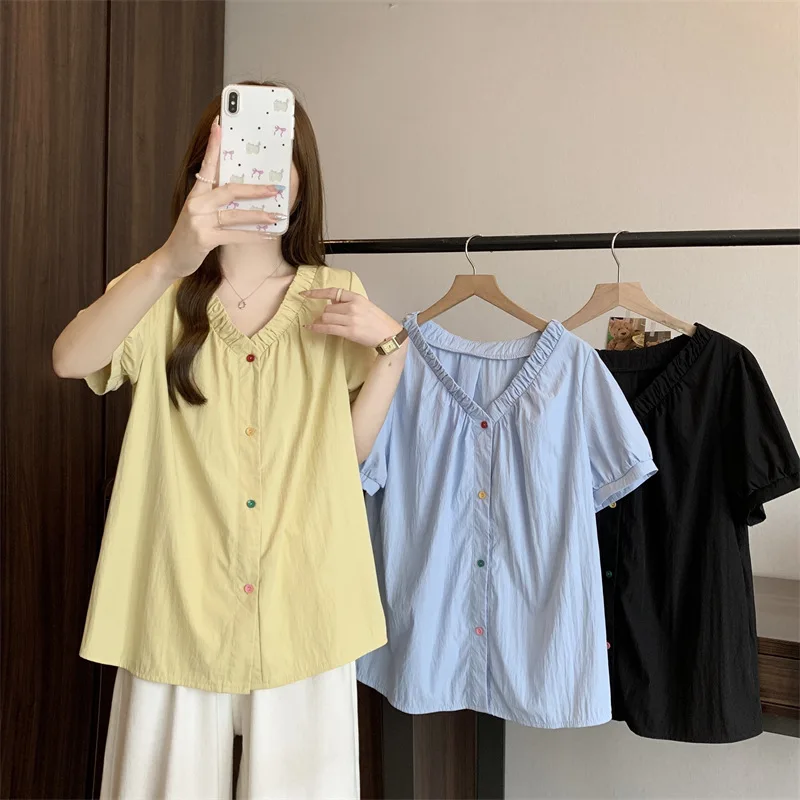 Simple Casual Short Sleeve Women Shirts 2025 Summer New Preppy Style Girl Tops Plus Size Solid Color Female Blouses 
Simple Casual Short Sleeve Women Shirts 2025 Summer New Preppy Style Girl Tops Plus Size Solid Color Female Blouses
