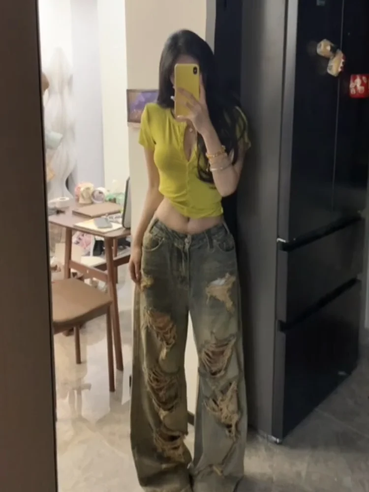 Cool Vintage Distressed High Waist Wide Leg Denim Jeans Women's Loose Slimming Summer Straight Floor-Length Pants
Cool Vintage Distressed High Waist Wide Leg Denim Jeans Women's Loose Slimming Summer Straight Floor-Length Pants
