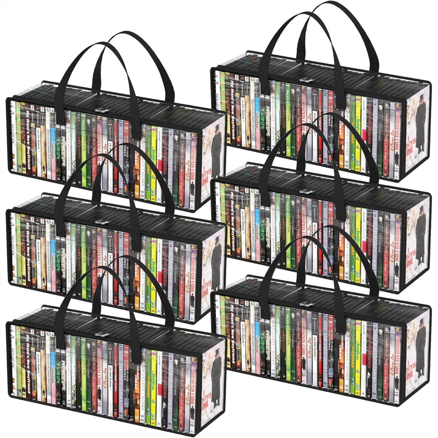 Clear PVC DVD Storage Bags with Handles, Stackable Media Organizer for Blu Ray Discs, Movies, VHS Boxes, Holds 210 Discs, 6 Pack
Clear PVC DVD Storage Bags with Handles, Stackable Media Organizer for Blu Ray Discs, Movies, VHS Boxes, Holds 210 Discs, 6 Pack