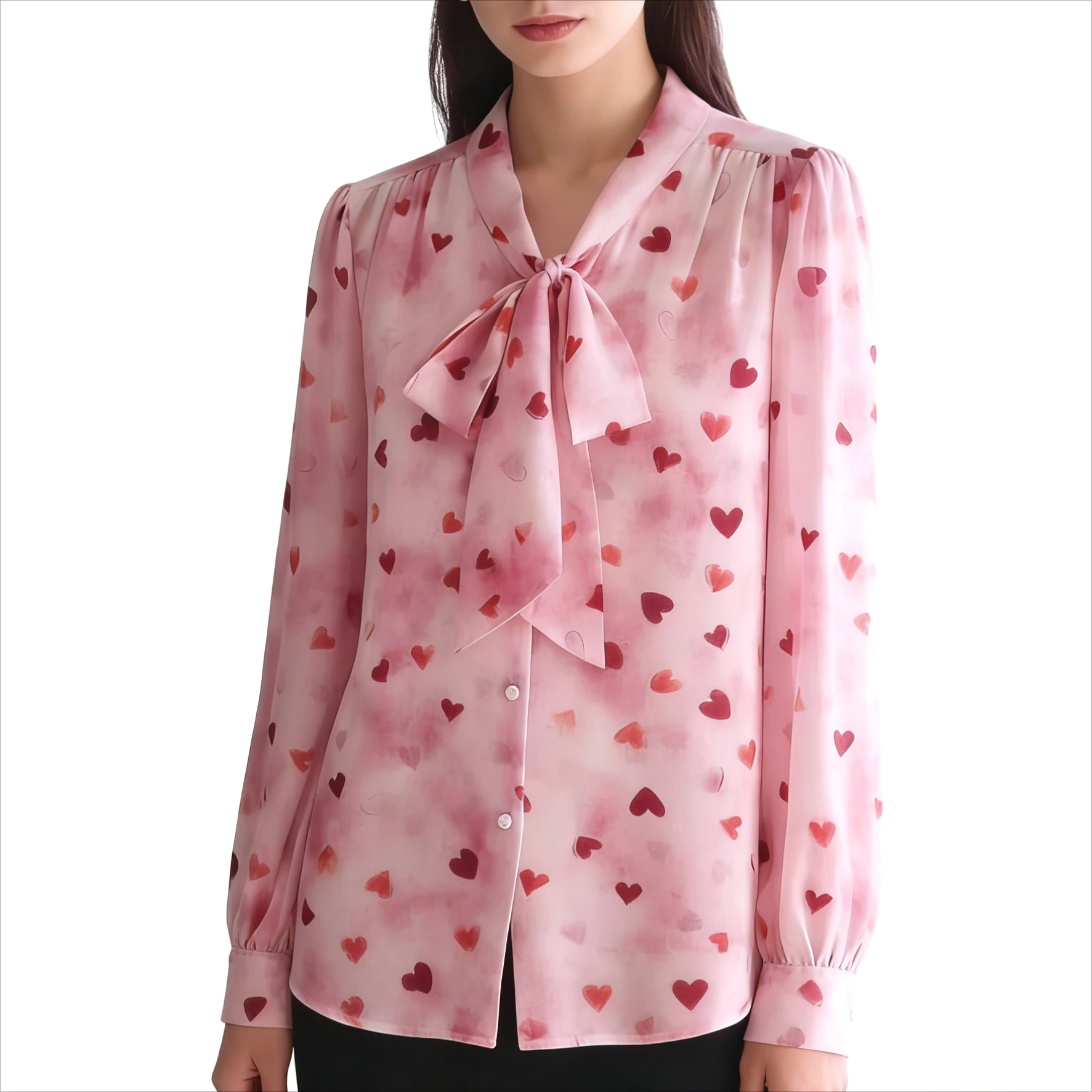 Chic Romantic Pink Heart Print Chiffon Blouse Bow Tie Neck Long Sleeve Button Down Shirt for Office Elegant Lady Classic French
Chic Romantic Pink Heart Print Chiffon Blouse Bow Tie Neck Long Sleeve Button Down Shirt for Office Elegant Lady Classic French