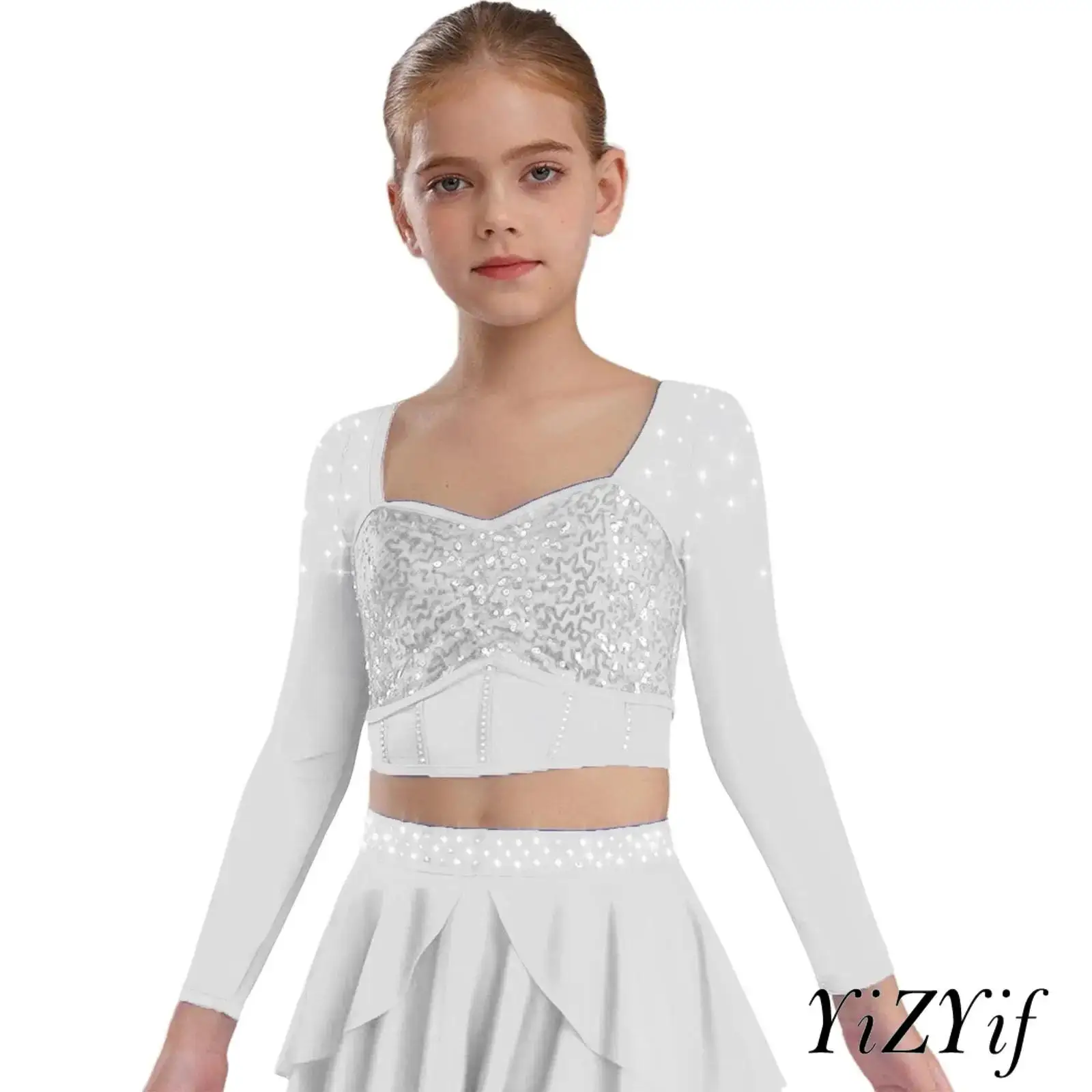Dance Tops for Girls Long Sleeve Sheer Mesh Crop Tops with Sweetheart Neck Shiny Sequins Rhinestones for Performance Dance
Dance Tops for Girls Long Sleeve Sheer Mesh Crop Tops with Sweetheart Neck Shiny Sequins Rhinestones for Performance Dance