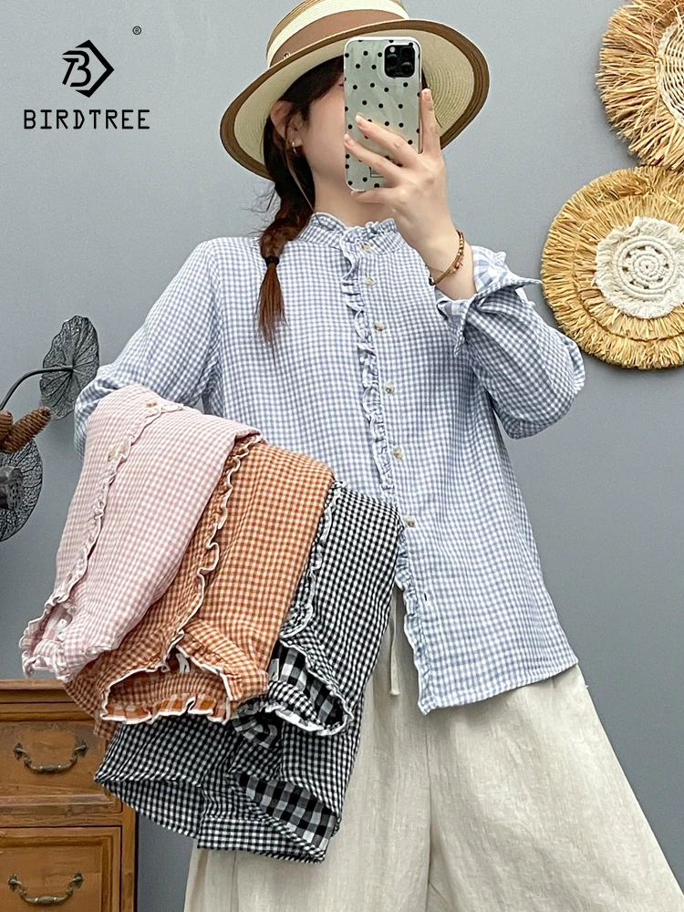 New 2025 Autumn Cotton Long Sleeve Shirt, Women Stand Ruffles Plaid, Mori Girl French Age Reduction Casual Loose Blouse T58748CC 
New 2025 Autumn Cotton Long Sleeve Shirt, Women Stand Ruffles Plaid, Mori Girl French Age Reduction Casual Loose Blouse T58748CC
