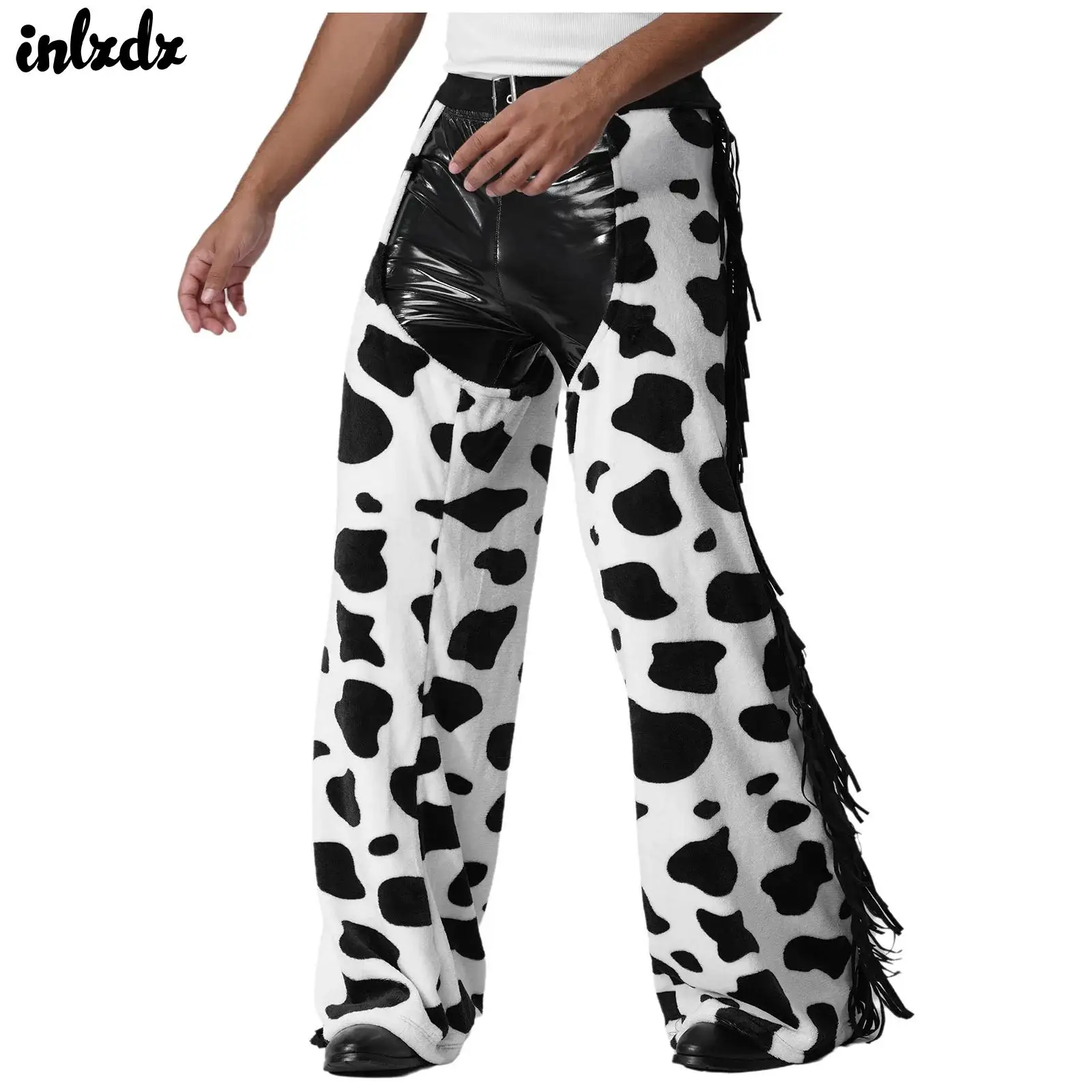 Mens Cowboy Chaps Halloween Cospaly Costume Cow Spot Pattern Flannel Long Pants Side Tassel Open Crotch Biking Riding Trousers
Mens Cowboy Chaps Halloween Cospaly Costume Cow Spot Pattern Flannel Long Pants Side Tassel Open Crotch Biking Riding Trousers