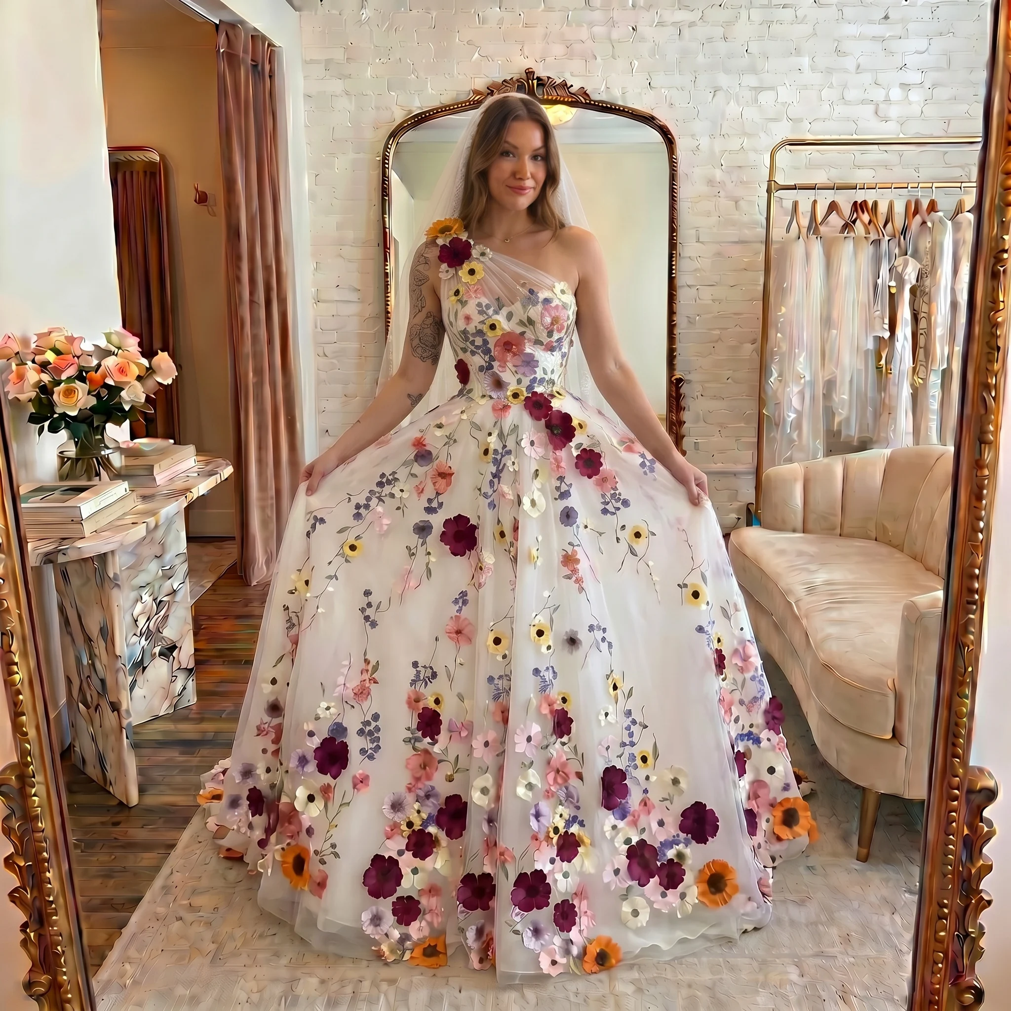 One Shoulder Colorful 3D Floral A Line Wedding Dress Tulle Floor Length Bohemian Bridal Gown Custom Size
One Shoulder Colorful 3D Floral A Line Wedding Dress Tulle Floor Length Bohemian Bridal Gown Custom Size